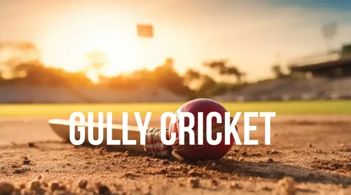 gully-cricket-desibooze bat and bowl on a open ground and GULLY CRICKET written on the picture showing cricketer who went from gully to glory in this blog